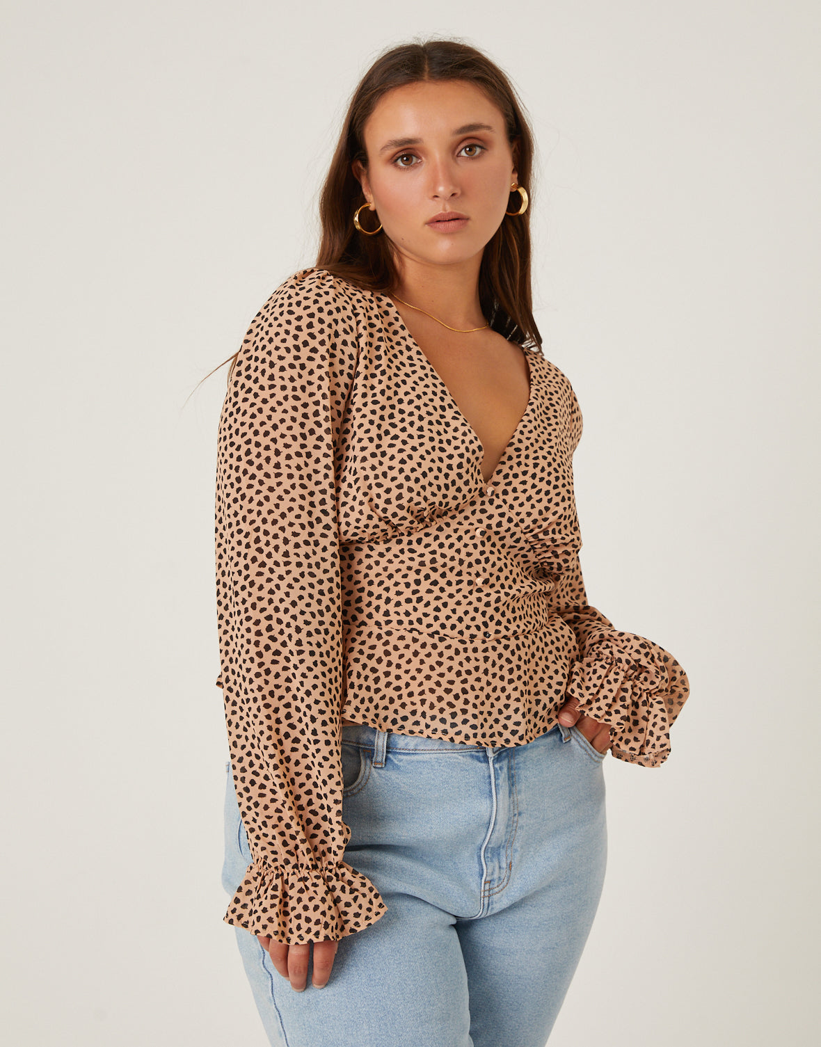 Plus Size Chiffon Spotted Long Sleeve Blouse