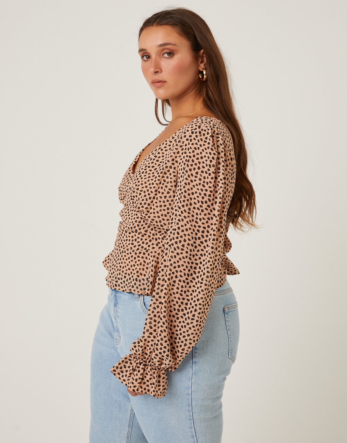 Plus Size Chiffon Spotted Long Sleeve Blouse