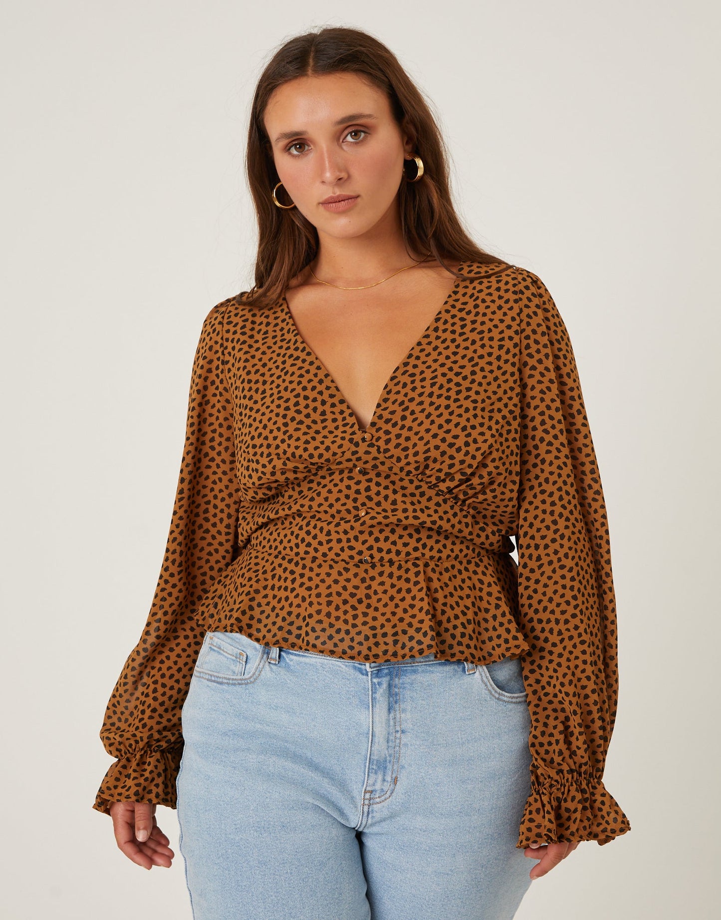 Plus Size Chiffon Spotted Long Sleeve Blouse