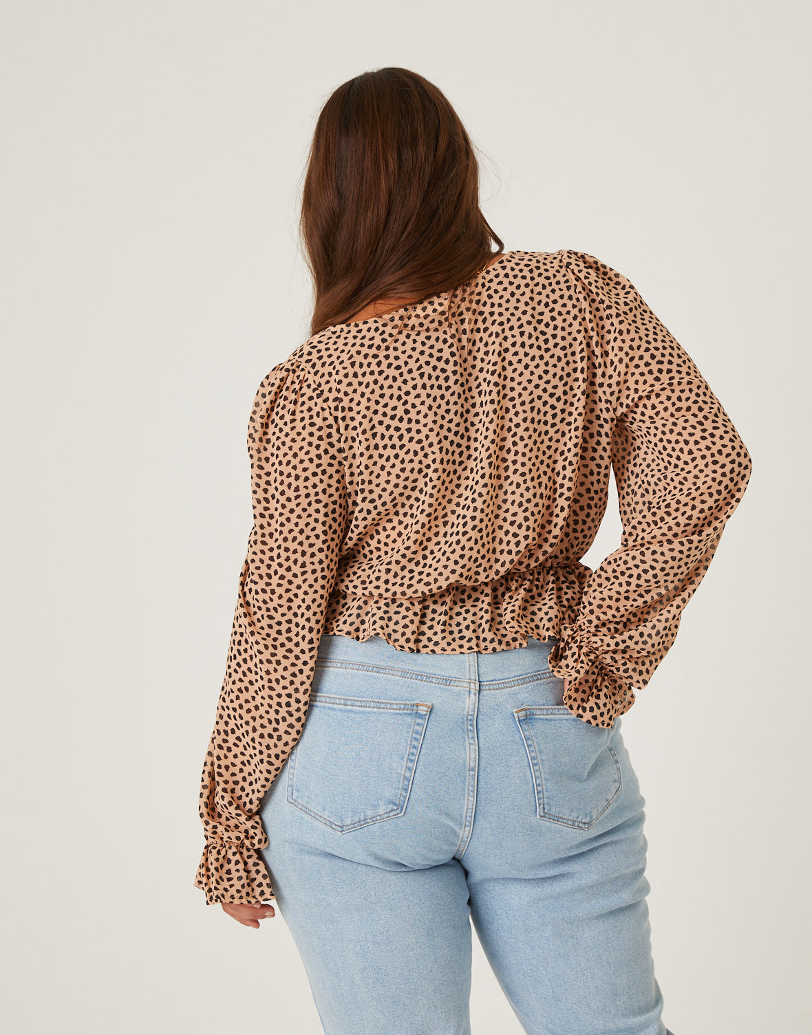 Plus Size Chiffon Spotted Long Sleeve Blouse