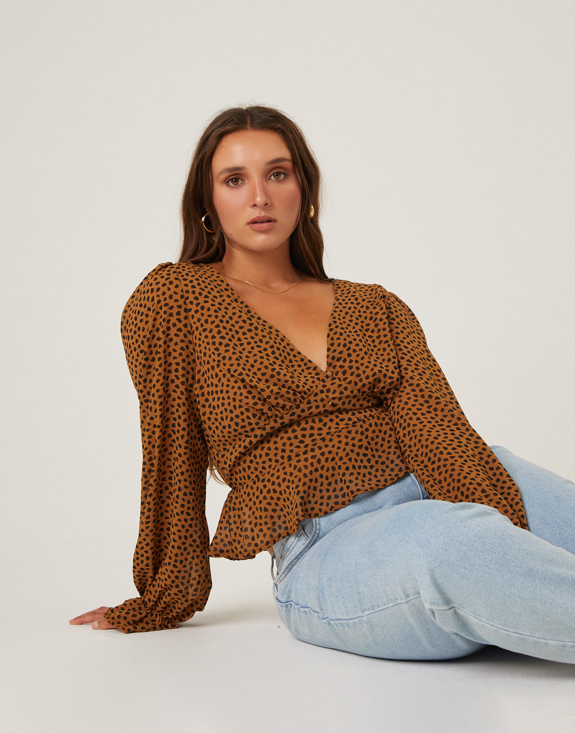 Plus Size Chiffon Spotted Long Sleeve Blouse