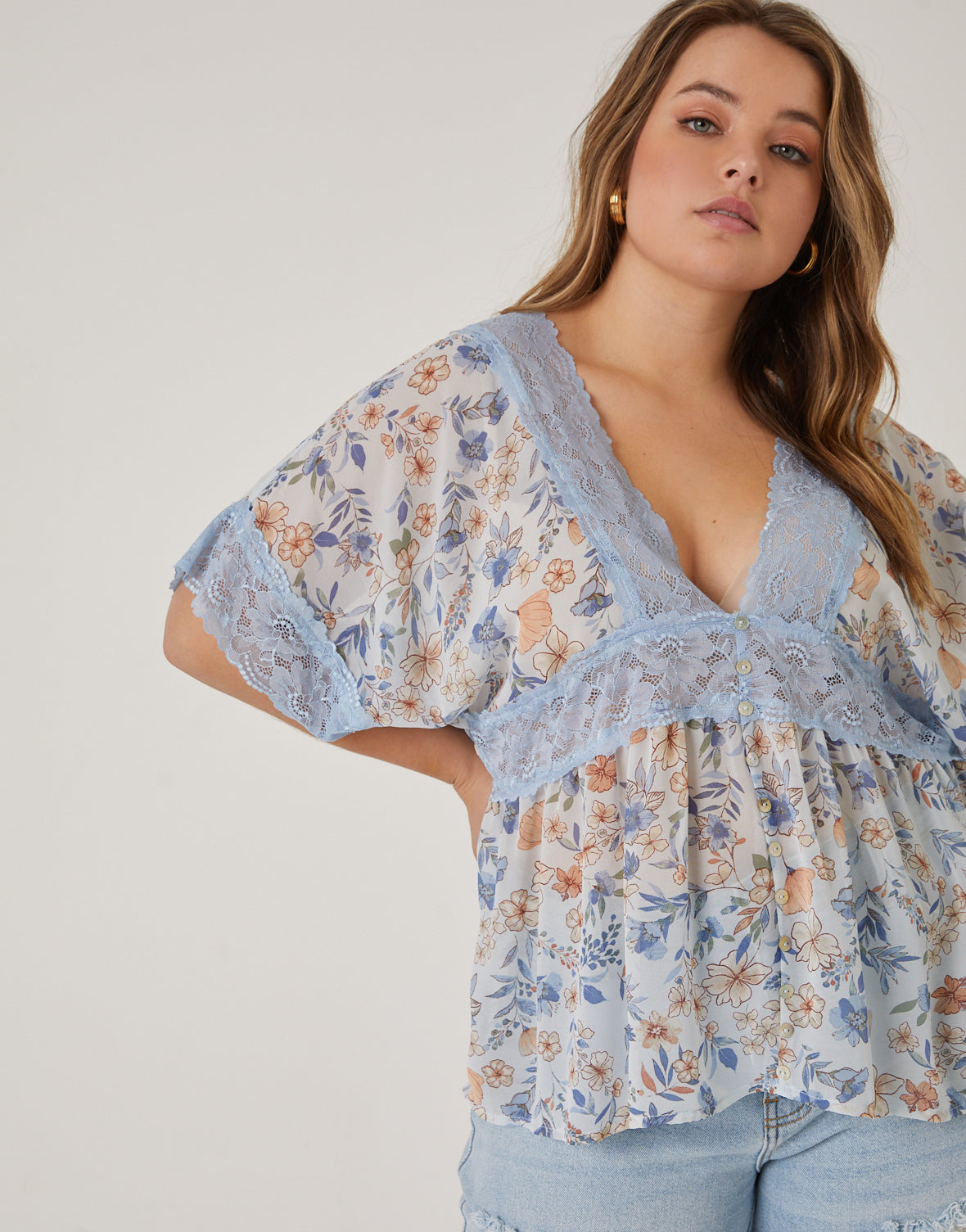 Plus Size Chiffon Floral Lace Blouse