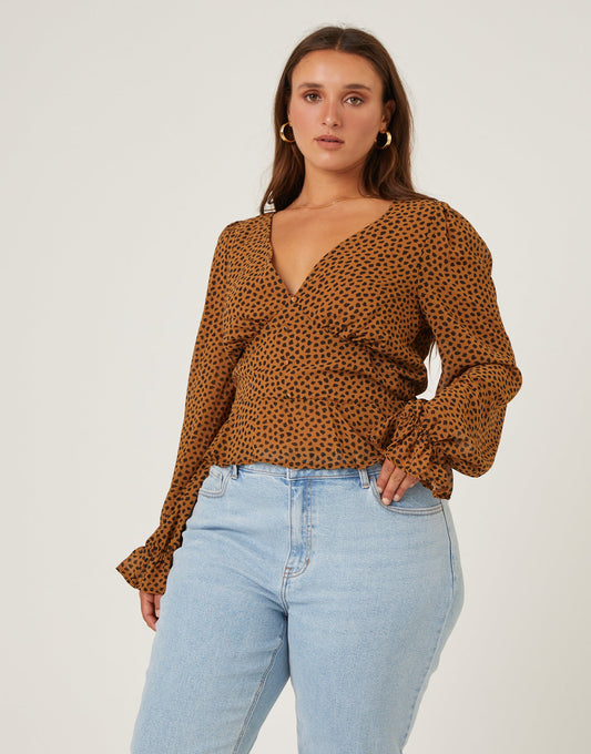Plus Size Chiffon Spotted Long Sleeve Blouse