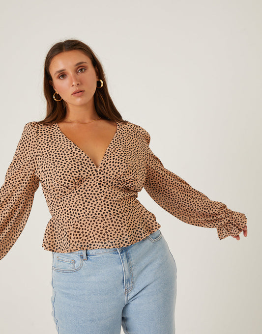 Plus Size Chiffon Spotted Long Sleeve Blouse