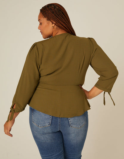 Plus Size Long Sleeve Woven Wrap Top