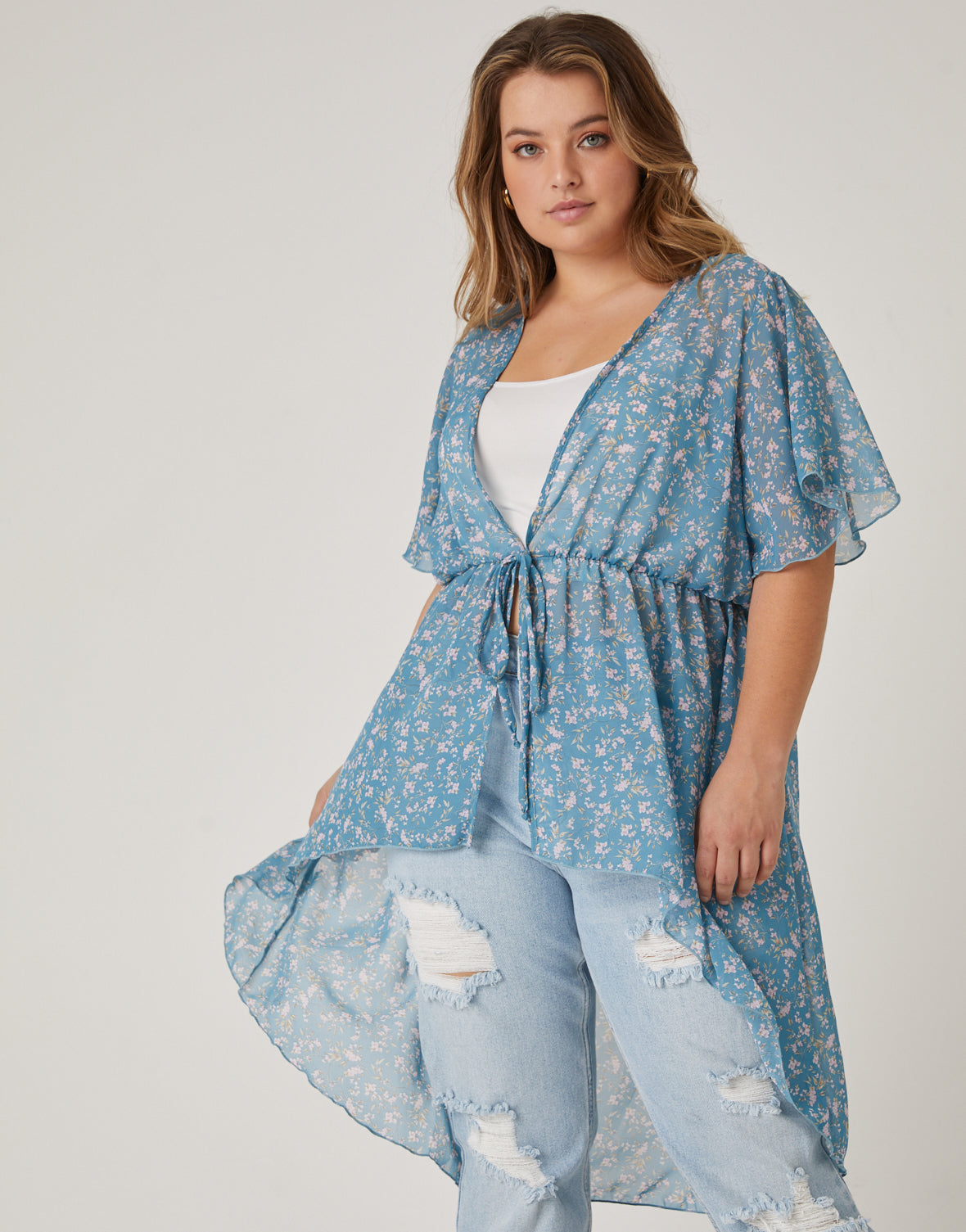 Plus Size Sheer Floral Tie Front Top