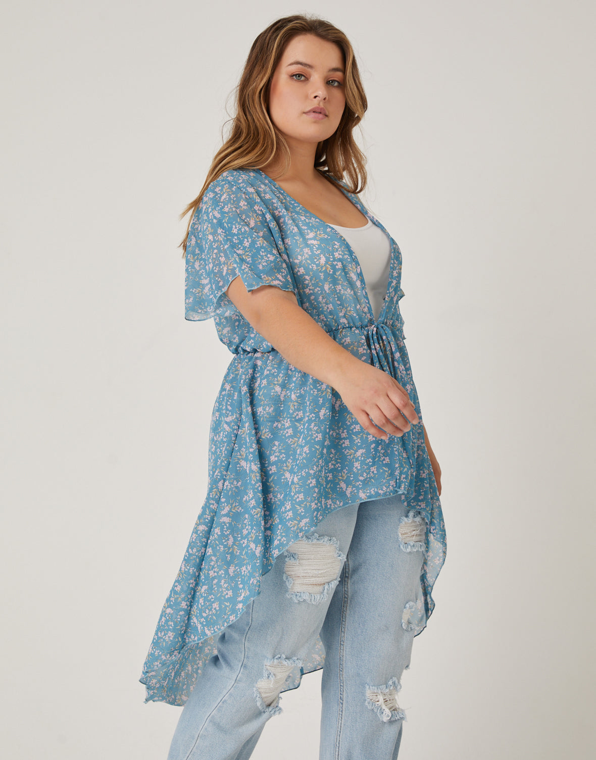 Plus Size Sheer Floral Tie Front Top
