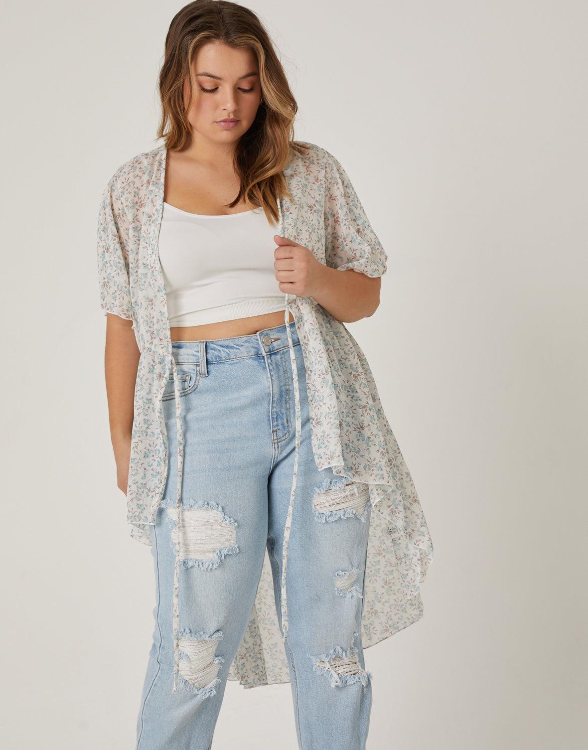 Plus Size Sheer Floral Tie Front Top