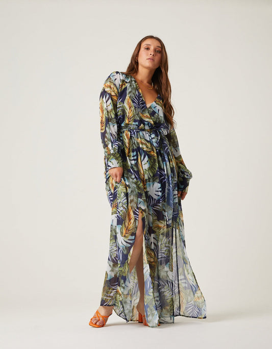 Plus Size Tropical Leaves Maxi Dress