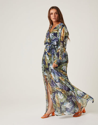 Plus Size Tropical Leaves Maxi Dress