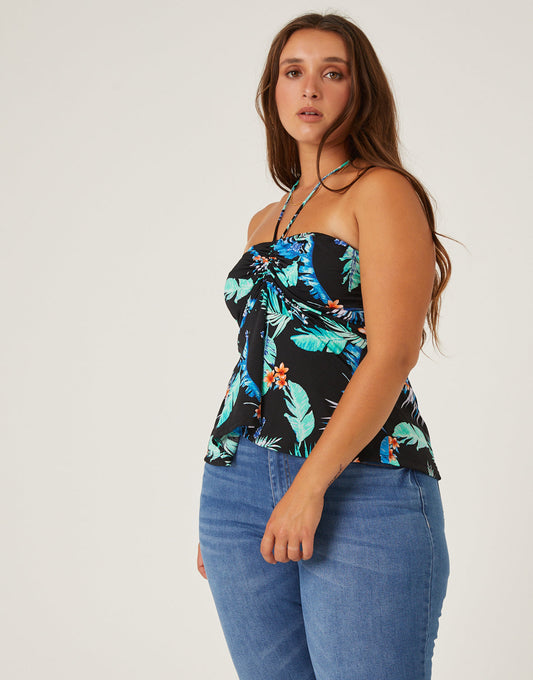 Plus Size Tropical Ruched Halter Top