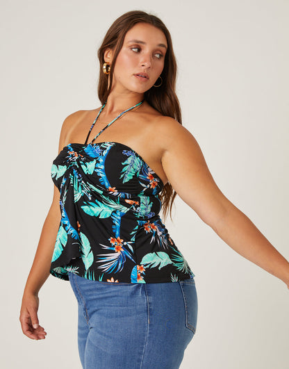Plus Size Tropical Ruched Halter Top